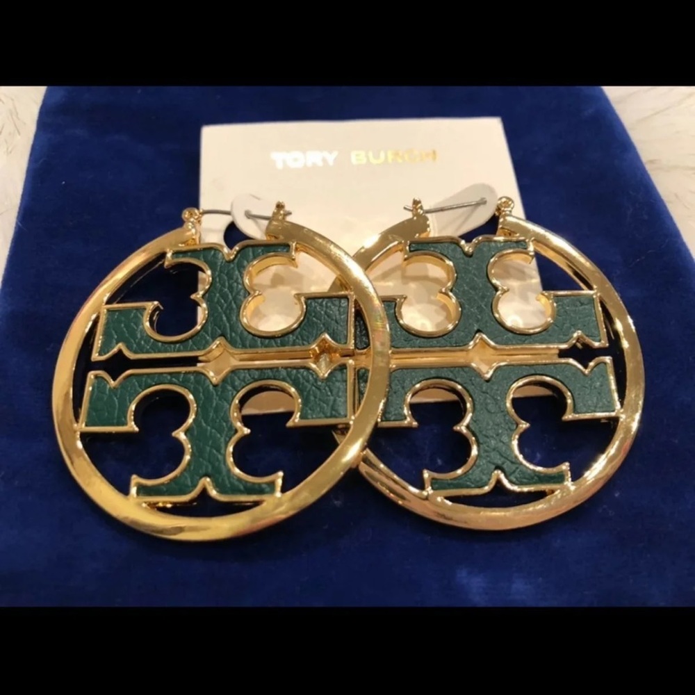 . Tory Burch green & gold Miller loop earring .